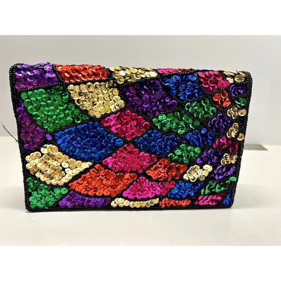 Vintage 80s Sequined Sparkle Beaded Crossbody Purse - Picture 1 of 4